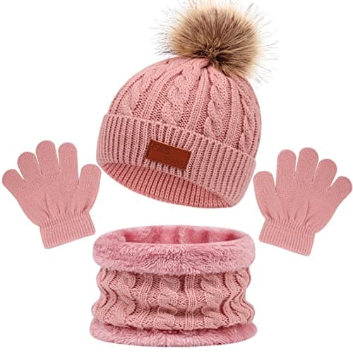 Baynetin 3Pcs Kids Winter Beanie Hat Scarf Gloves Set for 1-5 Years Old Boys Girls. Winter Accessories Sets for Children Outdoor Sports, Knit Thick Warm Fleece Lined Thermal Sets (Pink)
