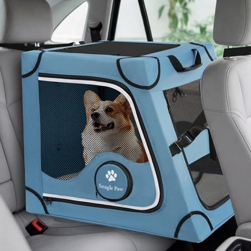 Snagle Paw Portable Dog Crate for Car Travel,Metal Frame Pet Crate,Pet Carrier for Car Back Seat Secures with Headrest Strap and Seatbelt