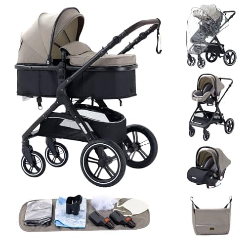 ALYIKOU Prams 3 in 1 Travel System, Pushchair with Height Adjustable Handle, Travel Pram with Mosquito Net, Baby Stroller with Aluminum Frame for Newborn 0-4 Years (X1 Khaki)
