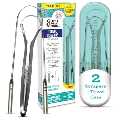 GuruNanda Tongue Scraper for Adults-Bad Breath Treatment, Gag Free, 2 ct