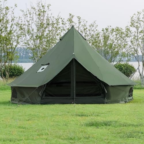 Oxford bark tent for family camping - Spacious 4m yurt with stove connection,4 Season Outdoor Bell Tent Glamping Tent For 4-6 People,Tent Box Roof Tent (Green)