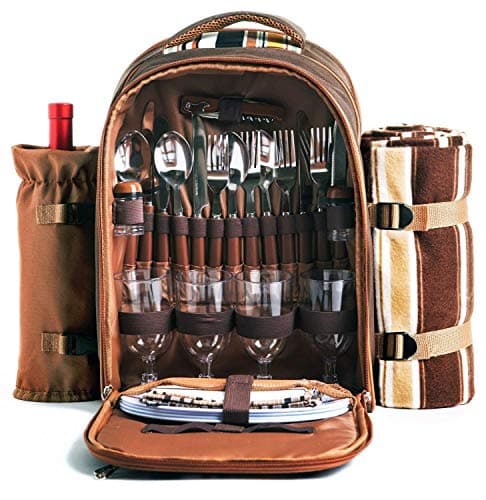 Hap Tim luxury 4 Person Picnic Backpack Picnic Rucksack Bag Hamper with Insulated Cooler Compartment includes Tableware & Fleece Blanket(EU3065)