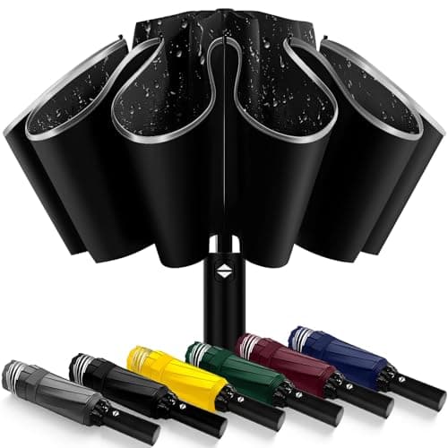 ExploreBliss Travel Umbrella Superior, Beautiful & Compact, Large Strong but Light Portable and Automatic Folding Rain Umbrella, Premium Grip, Fits Car & Backpack, Black, 46inch, Compact