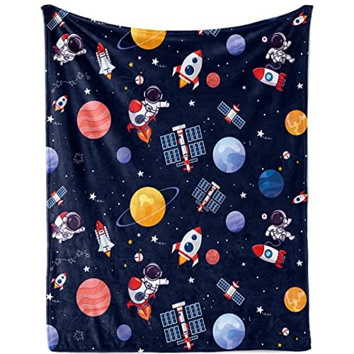 Space Theme Throw Blanket for Boys, Cozy Outer Space Rocket Planet Fluffy Flannel Blanket Gift for Kids, 100 x 130 cm Soft Warm Navy Blue Astronaut Galaxy Planet Blanket for Toddler Sofa Bed Couch
