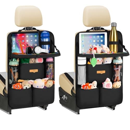 SURDOCA Car Seat Organiser Kids with Foldable Tray – Seat Storage with Touchable Tablet Pocket, Roadtrip Essentials – Fits Most Vehicles