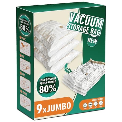 STORAGE MASTER Pack of 9 Jumbo Size Space Saver Bags for Travel and Home Reusable Vacuum Storage Bags Save 80% More Storage Space Work with Vacuum Cleaner (No Pump)
