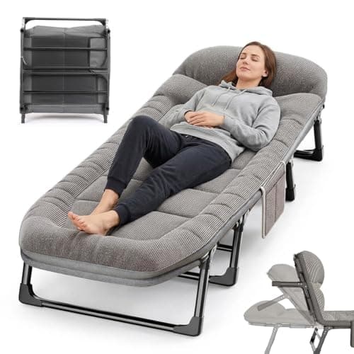 Folding Camp Bed with Mattress, 6-Position Adjustable Guest Bed, Grey