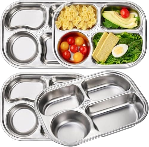 DEAYOU 4-Pack 18/10 Stainless Steel Divided Plates, 4 Sections Samll Platter Compartment Tray, Portion Control Plate with Divider, Mess Food Sectioned Tray for Cafeteria