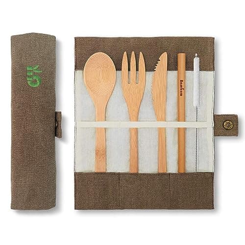 Bamboo Cutlery Set | Wooden Cutlery | Eco-Friendly Cutlery Set | Knife, Fork, Spoon & Straw | Travel Cutlery | Camping Cutlery with Storage Cover | Olive | Bambaw