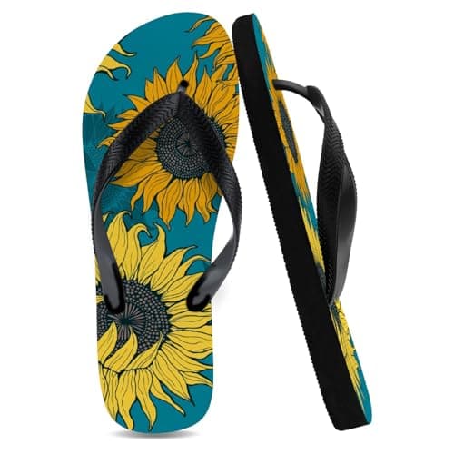 Flip Flops Unisex Womens Flip Flops, Teal Yellow Sunflower Blooms Pool Sliders Mens Toe Post for Women Bathroom Shower Shoes Slippers Auntie Gifts Mum Birthday Gifts, Size 9 (275MM)