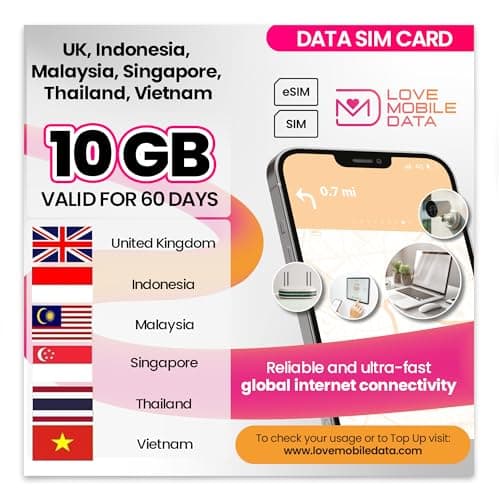 Love Mobile Data Only Sim Card - International Multi-Network 4G/5G Prepaid Pay As You Go Data Sim for Mobile, Routers etc, UK, Indonesia, Malaysia, Singapore, Thailand, Vietnam - 10GB - 60 Days