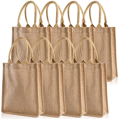 DEAYOU 8 Pack Jute Burlap Tote Bags, Burlap Gift Tote with Handles, 25×30×10 cm Jute Beach Bags Reusable Lined Grocery Totes for Bridesmaid, DIY, Shopping, Pool, Wedding, Natural