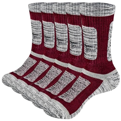 YUEDGE Moisture Wicking Cushioned Mens Socks Padded Winter Work Boot Sock Thick Thermal Sports Socks For Men 6-10, Multipack, 5 Pairs Red