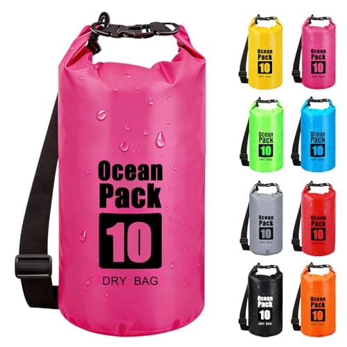 RONGZUBAT 10L Waterproof Dry Bag with Shoulder Strap, Roll Top Dry Sack for Towels and Clothes, Waterproof Bag for Kayaking, Paddle Boarding, Boating, Beach, Camping and Travel - Hot Pink
