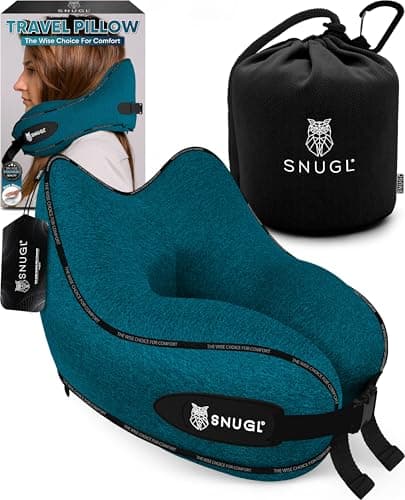 SNUGL Travel Pillow – Memory Foam Neck Pillow for Travel – Support Cushion for Airplane with Carry Bag & Clip - Holiday Essentials (Teal - Adult Small)