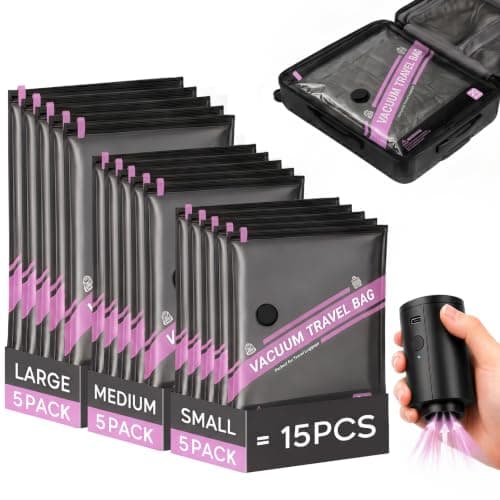 ZOESTORAGE Vacuum Bags for Travel with Electric Pump, 18 Pack Travel Vacuum Bags with Pump for Clothes, Luggage, Blankets, Vacuum Storage Bags for Clothes (5L, 5M, 5S, 3 Shoe Bags), Pink