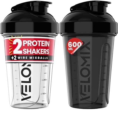 VELOMIX 2 Pack 600ml Protein Shaker Bottle, Black/Transparent