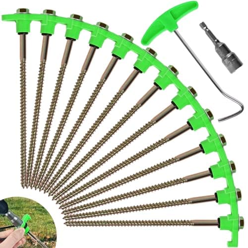 OFFOF 12 Pack Heavy Duty Metal Tent Pegs – Rotating Rock Pegs with Thread, Ground Anchors for Camping, Includes Drill Adapter & Nail Puller, Durable Steel Stakes for Garden, Canopies & Outdoor(green)
