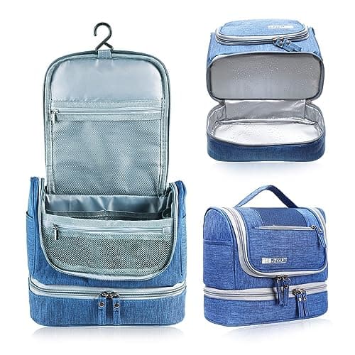 JOZEA Travel Hanging Toiletry Bag for Men Women with PVC Wet Dry Separation Bottom, Large Wash Bag, Cosmetic Organiser, 24x13x21cm Blue