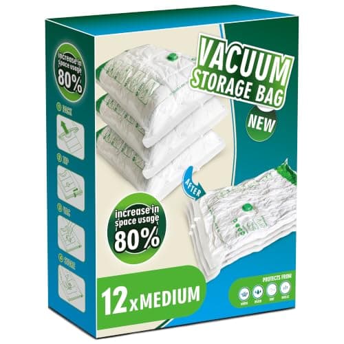 Storage Master Space Saver Bags for Travel and Home Reusable Vacuum Storage Bags Save 80% More Storage Space (12, M)