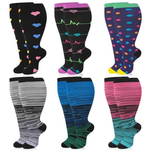 Zuimei 6 Pair Women Plus Size Leg Compression Socks, Wide Calf Compression Support Socks for Women, Ideal for Flight Travel Varicose Veins XXL