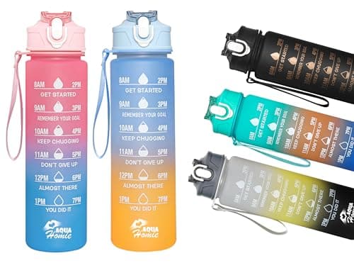 Pack of 2 Water Bottle with Straw 750ml – Leakproof BPA Free Sports Water Bottle for Gym, School & Travel – Motivational Drinking Bottle with Time Markings for Kids & Adults (Blue-Pink/Orange, 750ml)
