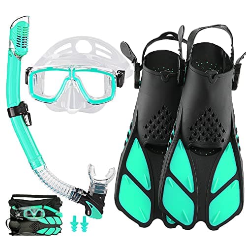 Adults Mask Snorkel Fins Set, Snorkeling Gear for Adult with Fins, Snorkel Sets with Flippers, Adult Anti Leak Scuba Gear with Adjustable Fins Diving Mask Full Dry Top Snorkel with Travel Bags