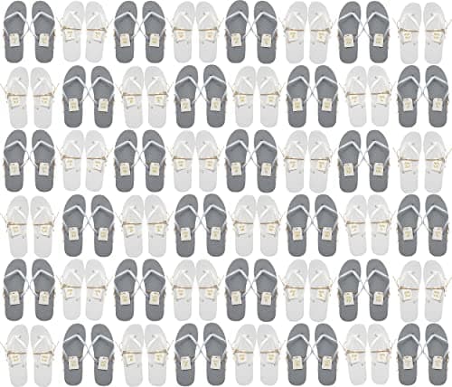Winterlace Bulk Flip Flops for Wedding Guests 48 Pairs Reception Slippers Destination Beach Pool Spa Sandals Wholesale Pack, White & Silver, Small-X-Large