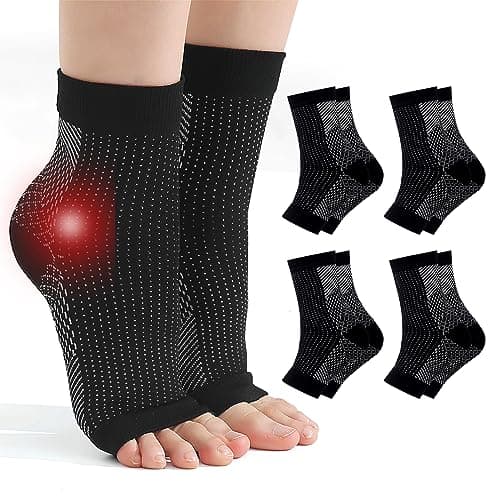 Fantasyon 4 Pairs Plantar Fasciitis Socks, Neuropathy Socks Compression Socks Neuro Socks for Women Men Ankle Support for Sprained Ankle for Sport Arthritis Pain Relief-Black,L/XL