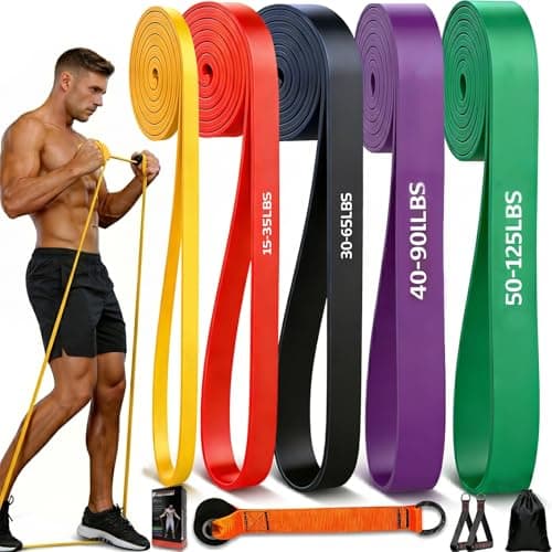 Professional Exercise Bands Set of 5, Heavy Duty TPE Resistance Bands (Up to 125lbs), 4.5mm Thick Exercise Bands for Pull-Up Progression & CrossFit,Odourless Workout Set with Pro Handles & Door Anchor