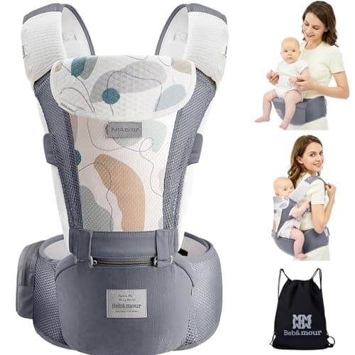 Bebamour Baby Carrier with Hip Seat, Newborn to Toddler 0–36 Months, Ergonomic Infant Carrier with Adjustable Waist Belt, Head Hood, Teething Pads & Waist Extender, Grey