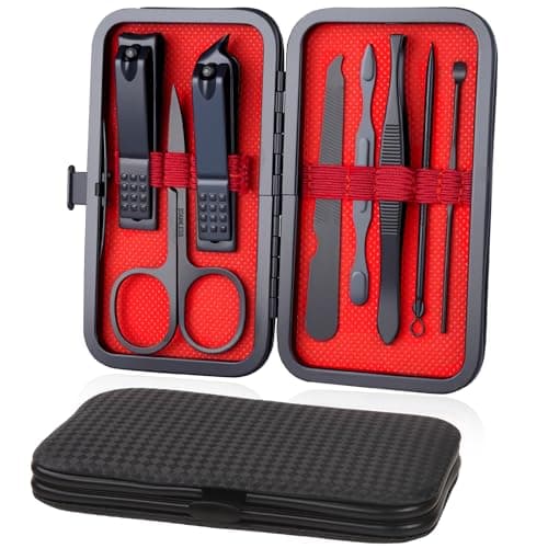 URAQT Professional Manicure Set, 8 pcs Portable Nail Clippers & Eyebrow Grooming Kit, Stainless Steel Nail Care Tools with Luxurious Leather Case for Travel & Home(Black-Red)