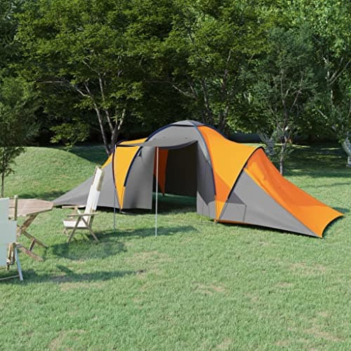 Kaloriko Camping Tent 6 Person Grey and Orange with 2 Cabins Mosquito Net Breathable Inner Tent Waterproof Base Includes Poles and Carry Bag for Outdoor Camping, Hiking and Travel