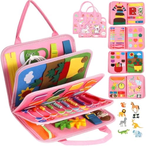 Gatphy Busy Board for Toddler 1 2 3 Year Old, Felt Quiet Book Sensory Toy Baby Travel Busy Board Preschool Educational Montessori Learning Book for Journey Plane Car, Boys Girls Gift (Pink)