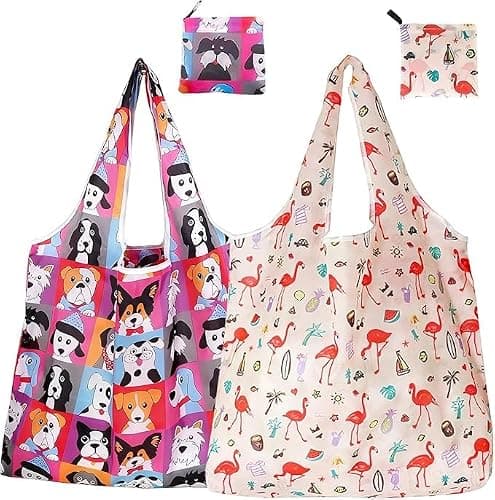 WANGWUXINSHENG Foldable Shopping Bags Large Portable Shopping Tote Bag with Pouch Eco Tote Bags for Grocery Travel Picnic Daily Use Holiday Favors (Red, 2 Pcs)