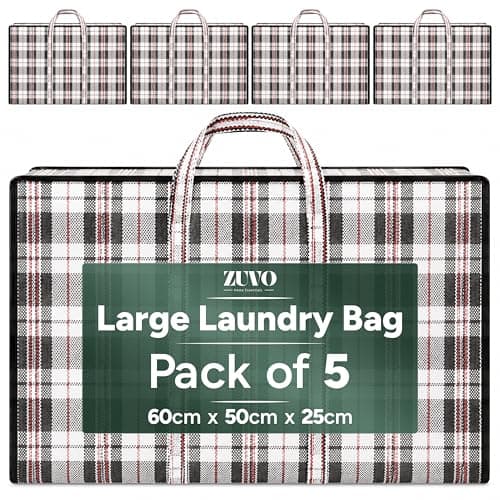 Zuvo Large Laundry Bags 5 Pack with Zips, Woven Moving and Storage Bag Set
