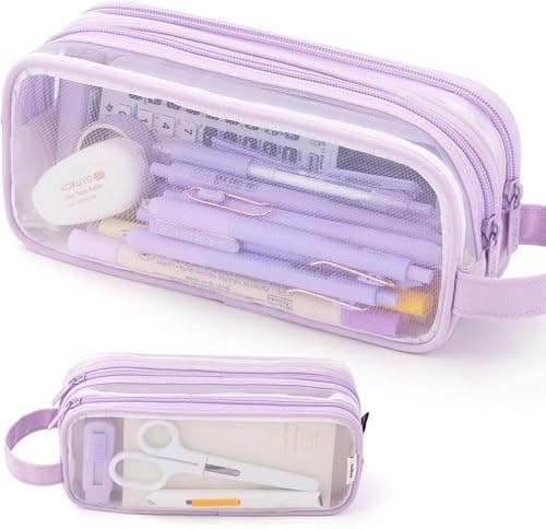 Deyaah Large Clear Mesh Pencil Case Pouch, 2 Compartment Pen Bag Multifunction Pencil Pouch Transparent Makeup Bag for Teen Student College Business Travel Office Adult (Purple)