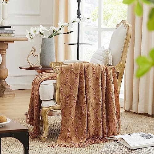 KASYLAN Diamond Knitted Throw Blanket for Sofa Couch, 127x152cm Almond