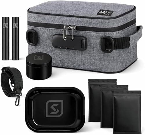 Smell Proof Bag with Lock | Odor Control Travel Organizer | Activated Carbon Smell Proof Container with Accessories | 3 Resealable Bags, 2 Airtight Storage Tubes, Tray & Glass Jar | 12-Month Warranty