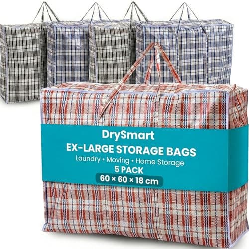 DrySmart 5 Pack Extra Large Storage Bags with Zips (60cmX60cmX18cm) – Durable, Waterproof, Reusable Laundry Bags for Clothes, Wardrobe, Laundry Organization, Moving & Home Storage