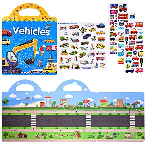 ASTARON Reusable 3D Puffy Sticker Book for Kids, 88 Pcs Cute Waterproof Vehicles Stickers, Puffy Sticker Game Travel Stickers and Educational Sensory Learning Toy(3-6 Age)