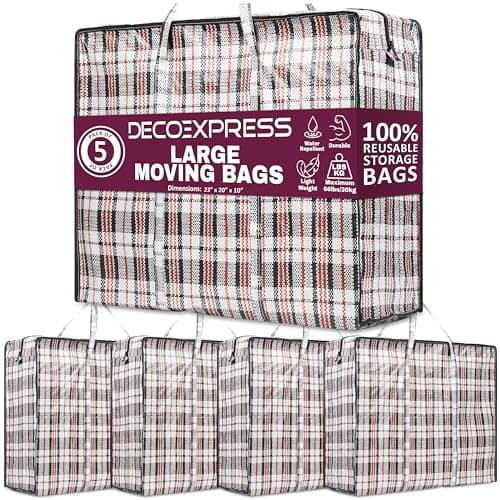 DECO EXPRESS Laundry Bags XL, Pack of 5, 75L Strong, Durable & Reusable Extra Large Storage Bags with Zips, Ideal for Moving, Shopping, Packing, Laundry & Clothes Storage (60 X 50 X 25 CM)