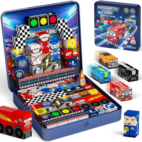 Magnetic Blocks Boys Travel: 48PCS Racing Travel Set with Iron Box