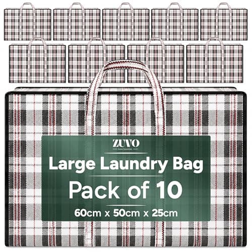Zuvo Large Laundry Bags 10 Pack with Zips, Woven Moving and Storage Bag Set