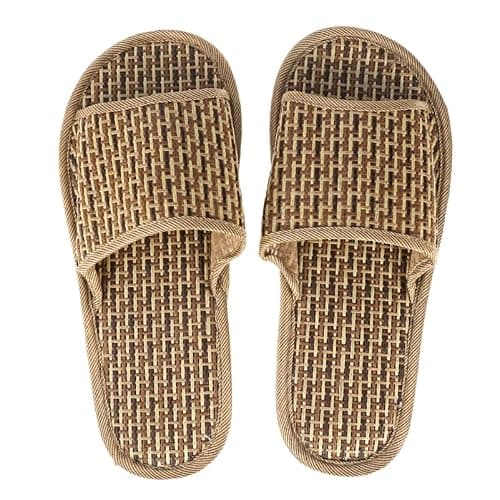 minkissy Bamboo Slippers Summer Woven Sandals Lightweight Breathable Open-Toe Flat Slippers for Women Men Indoor Outdoor Casual Wear