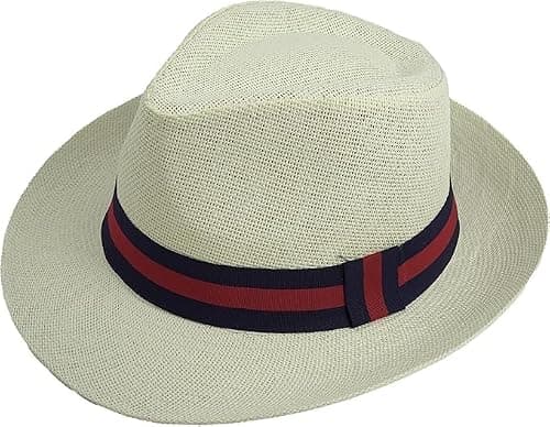 RockParty Unisex Panama Style Straw Fedora Hat – Classic Summer Trilby Sun Hat for Beach, Travel, Outdoor Fashion & Holiday Wear (Beige Black & Blue)