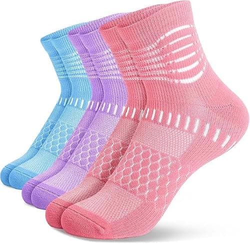 IRAMY Ankle Compression Socks for Women Men Plantar Fasciitis Relief Cushioned Athletic Running Socks 3 Pairs(Pink+Purple+Blue M)