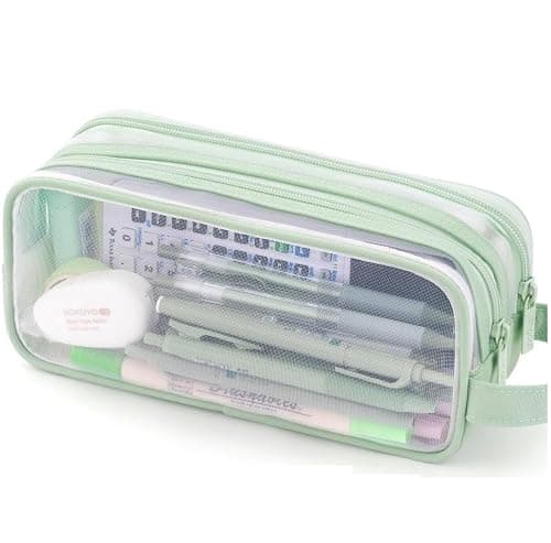 Deyaah Large Clear Mesh Pencil Case Pouch, 2 Compartment Pen Bag Multifunction Pencil Pouch Transparent Makeup Bag for Teen Student College Business Travel Office Adult (Green)