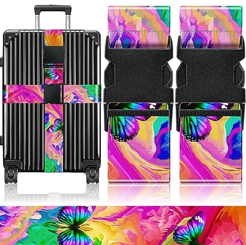 OffiEase Luggage Straps for Suitcases Travel Belt - Baggage Identifiers Suit Case Accessories with Buckle Nylon Adjustable Band Over Handle for Airport 2 pack Butterfly