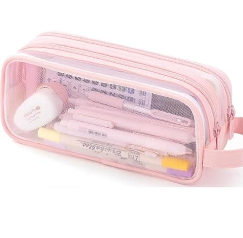Deyaah Large Clear Mesh Pencil Case Pouch, 2 Compartment Pen Bag Multifunction Pencil Pouch Transparent Makeup Bag for Teen Student College Business Travel Office Adult (Pink)